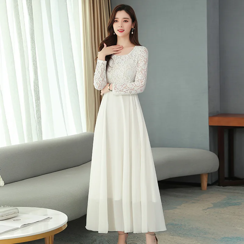 

White Dress 2020 Women Spring and Summer New Fashion Lace Patchwork Round Neck Long sleeve Elegant Slim A Line Dress M-4XL