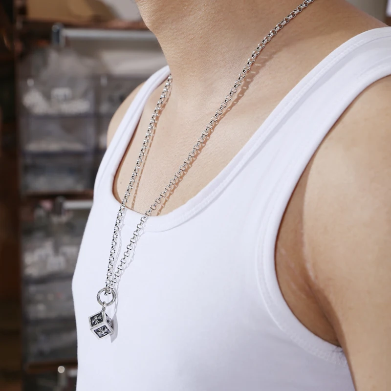 

S925 sterling silver jewelry 3mm thick circle pendant matching chain men and women Thai silver necklace sweater chain