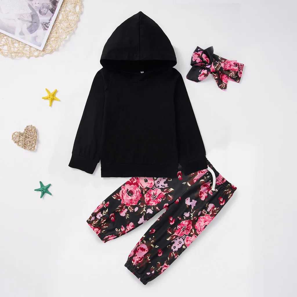Детская футболка с капюшоном для маленьких девочек топы + штаны цветочным