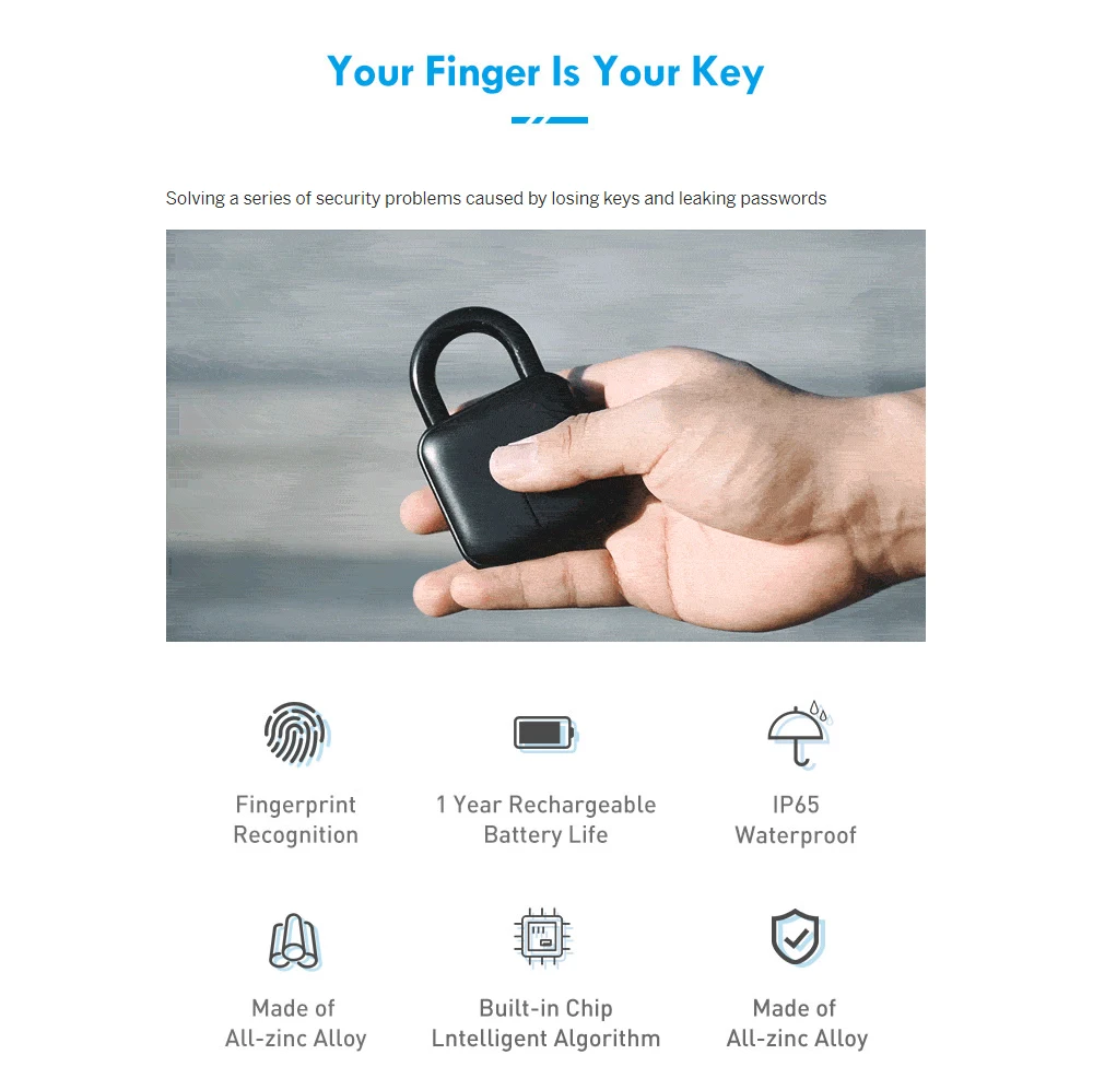 

USB Rechargeable Smart Lock Keyless Fingerprint Lock IP65 Waterproof Anti-Theft Security Padlock Door Luggage Case Lock