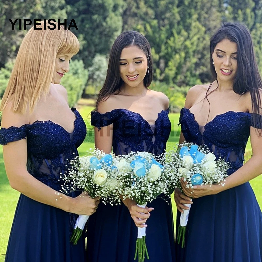 

Navy Blue Bridesmaid Dress A-Line Chiffon Floor Length Off The Shoulder Applique Beads V-Neck Wedding Party Gown robes de soire