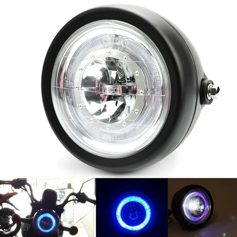 

Motorcycle Blue Angel Eye Halo Ring LED 6 1/2 inch Headlight Black for Bobber