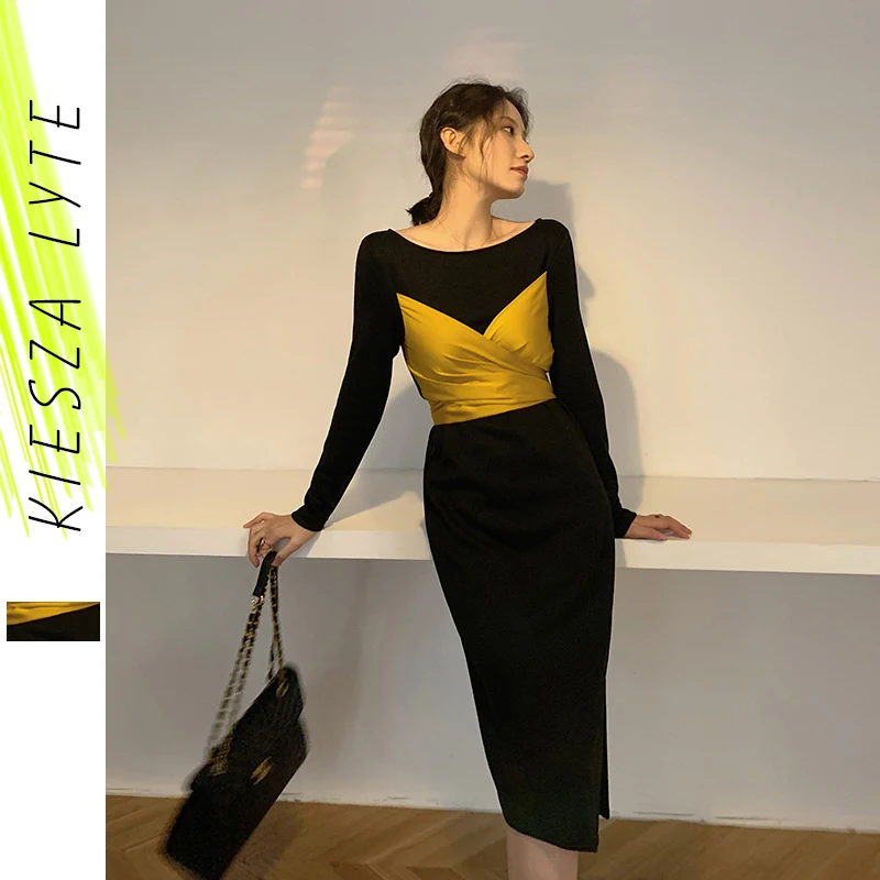 Весеннее женское трикотажное платье новый стиль весеннее Ретро черное и желтое