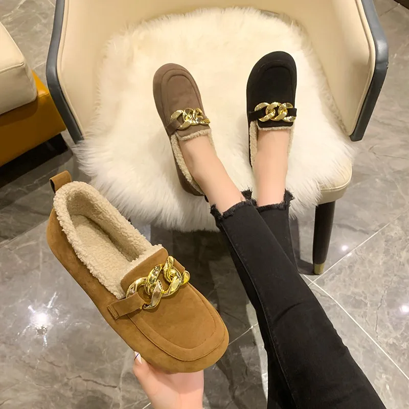 

Winter Warm Women Shoes Metal Chains Leather Flats Winter Loafers Mules Celebrity Fur Flat Creepers Soft Heel Moccasins Mujer