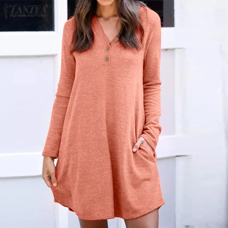 

2021 ZANZEA Women Elegant V Neck Long Sleeve Sundress Autumn Solid OL Work Dress Robe Femme Casual Party Knee-length Vestidos