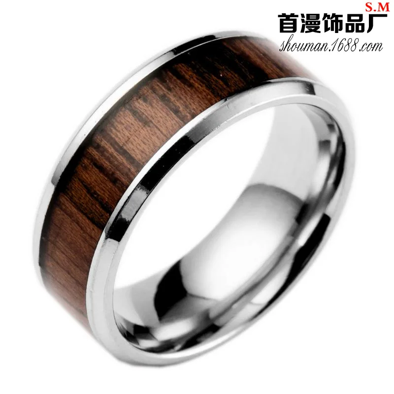 

2020 Fashion New Stainless Steel Wedding Ring Inlaid Teak Wood Jewelry Titanium Steel Ring Size 6 / 7 / 8 / 9 / 10 / 11 / 12 /
