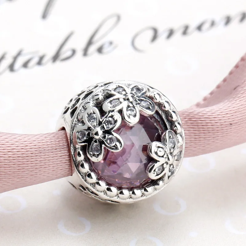 925 Sterling Silver Luxury Hollow Heart Three Flowers Bright Pink CZ Beads Fit Original 3mm Charm Bracelet Jewelry Making | Украшения и