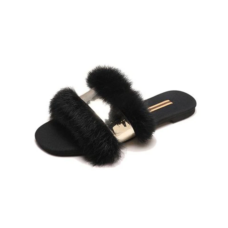Real Rabbit Fur Slippers Fluffy Flip Flops Furry Fur Slides Ladies Gold Luxury Plush Slippers Flat Sandals Designer Women Shoes