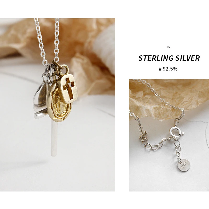 AsinLove Real 925 Sterling Silver Necklace INS Retro Cross Portrait Coin Tag Pendant Personality Jewelry for Women Gift | Украшения и
