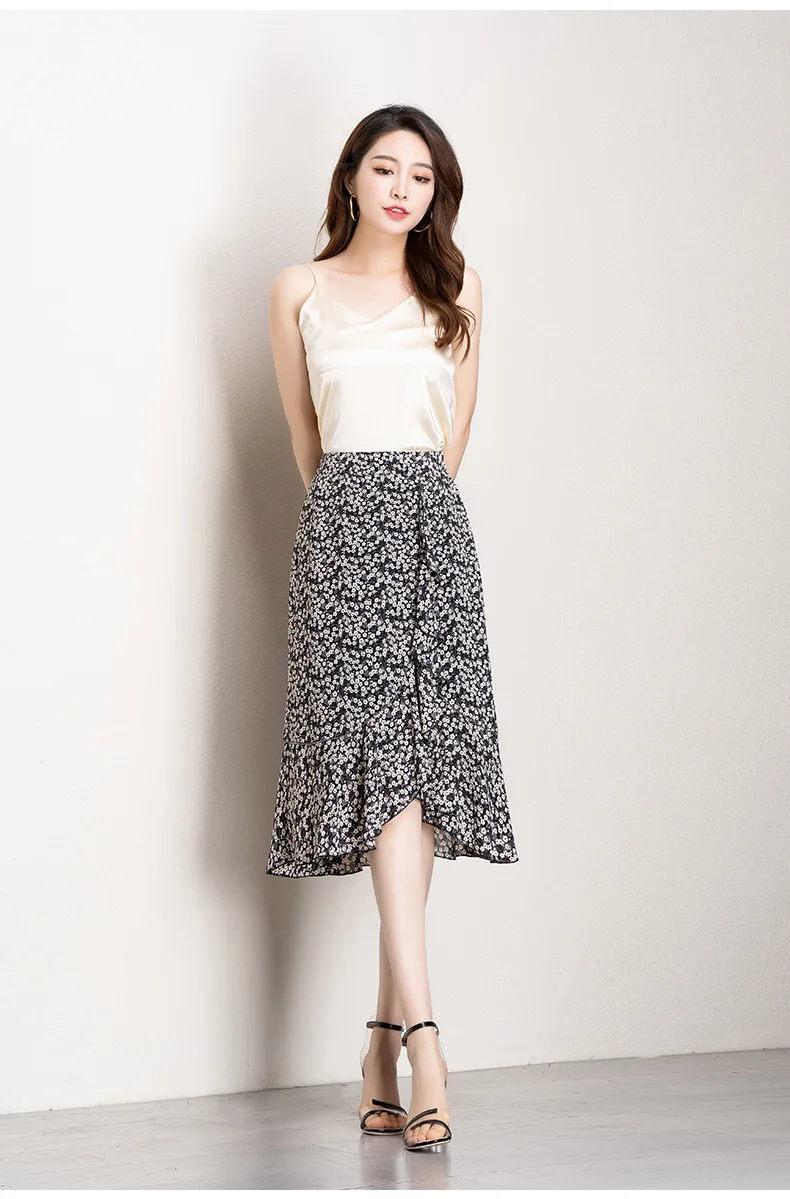 

2021 Summer Chiffon Floral Irregular A-line Bodycon Skirts for Women Elegant Vintage High Waist Plus Size Knee-length Skirt 5012