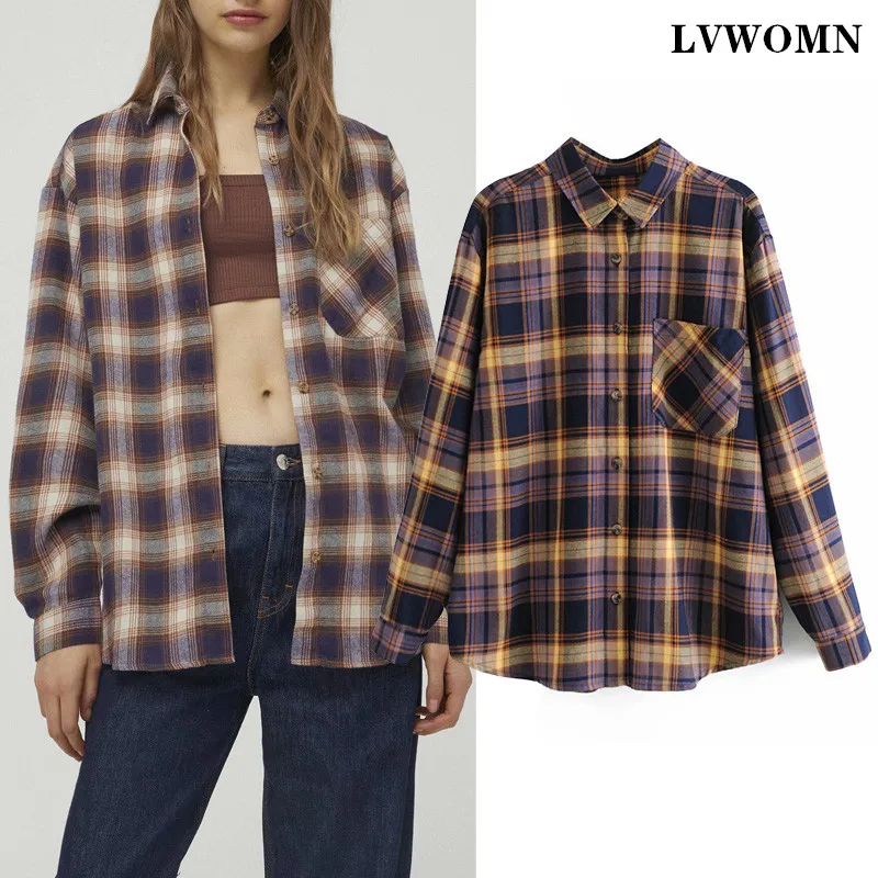 

LVWOMN Безразмерные клетчатые рубашки блузка для женщин с длинным рукавом Топ Стиль уличной моды; Сезон весна-лето; Повседневная Кнопка Женска...