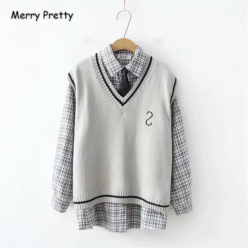 

Merrt Pretty Women's Sets Letter Embroidery V-Neck Knitted Tanks And Single-breasted Tie Plaid Blouse 2021 Winter Two Piece Set