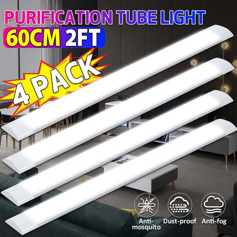 Luz LED de purificación de integración de limpieza de tubos, lámpara lineal de tubo de 60CM, 2/4 piezas, 48W, luz de listón tri-prueba, 2835 LED, AC85-265V