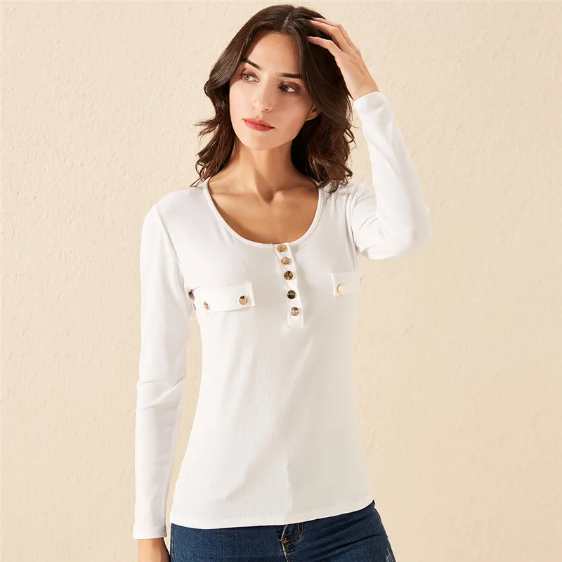 

Long-sleeved women's T Shirt Fashion O Collar Solid Color Casual Wild Button Top High Quality Office Workwear T Shirt