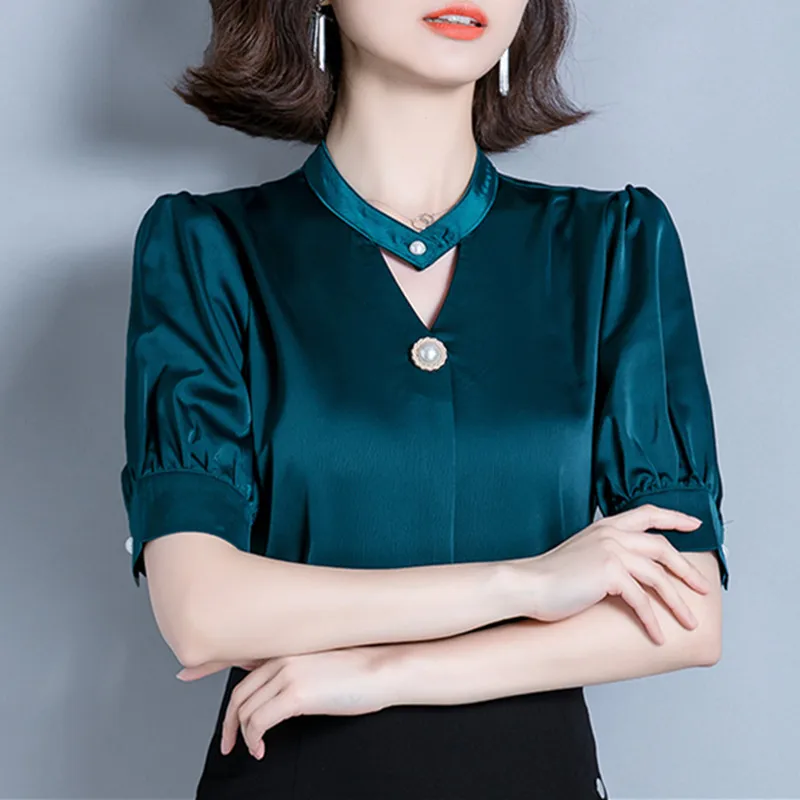 

2021 Summer Fashion Silk Women Blouses Shirts Elegant Satin Solid Women Blouse OL Beading Half Sleeve Ladies Tops Clothing Women