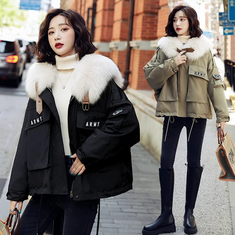 

Korean Short Parka 2021 Fashion Winter Plus velvet Warm Jackets Womens Cotton Coats Casual Loose Down Cotton Parkas Coat Outwear