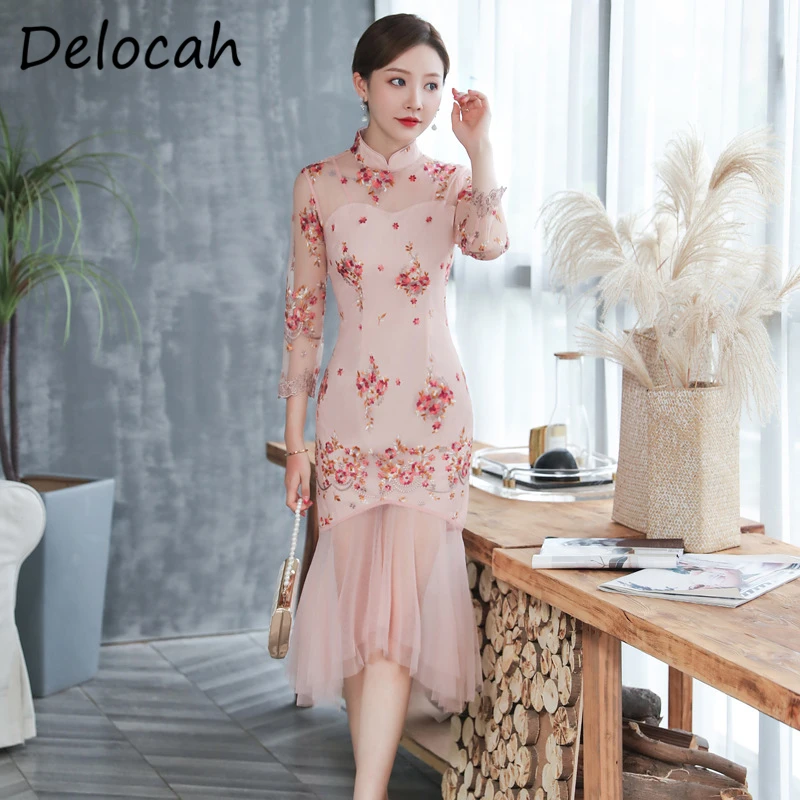 

Delocah Women Summer Fashion Runway Party Mermaid Dress 3/4 Sleeve Embroidery Mesh Elegant Bodycon Ladies Midi Dresses Vestidos