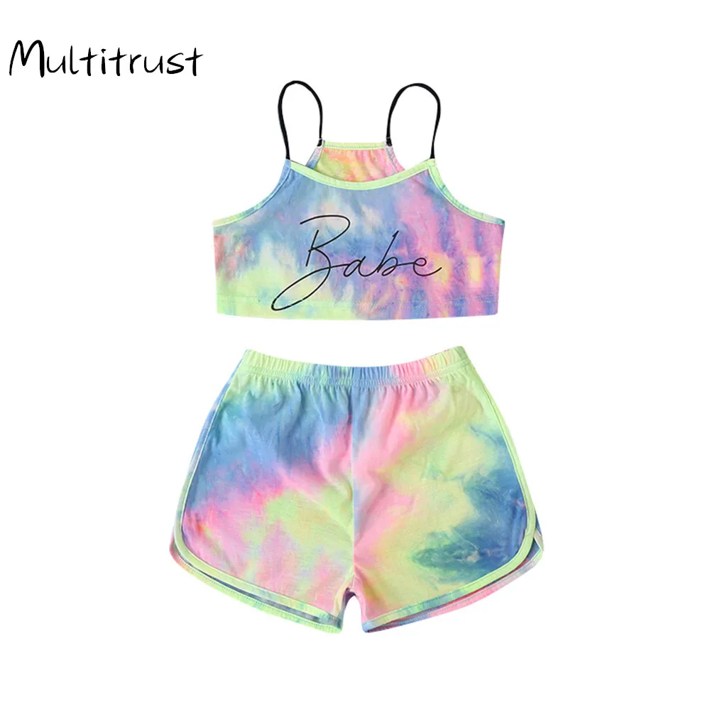 Летняя одежда для девочек 2020 г. Комплект из 2 предметов с надписью Tie Dye радужный