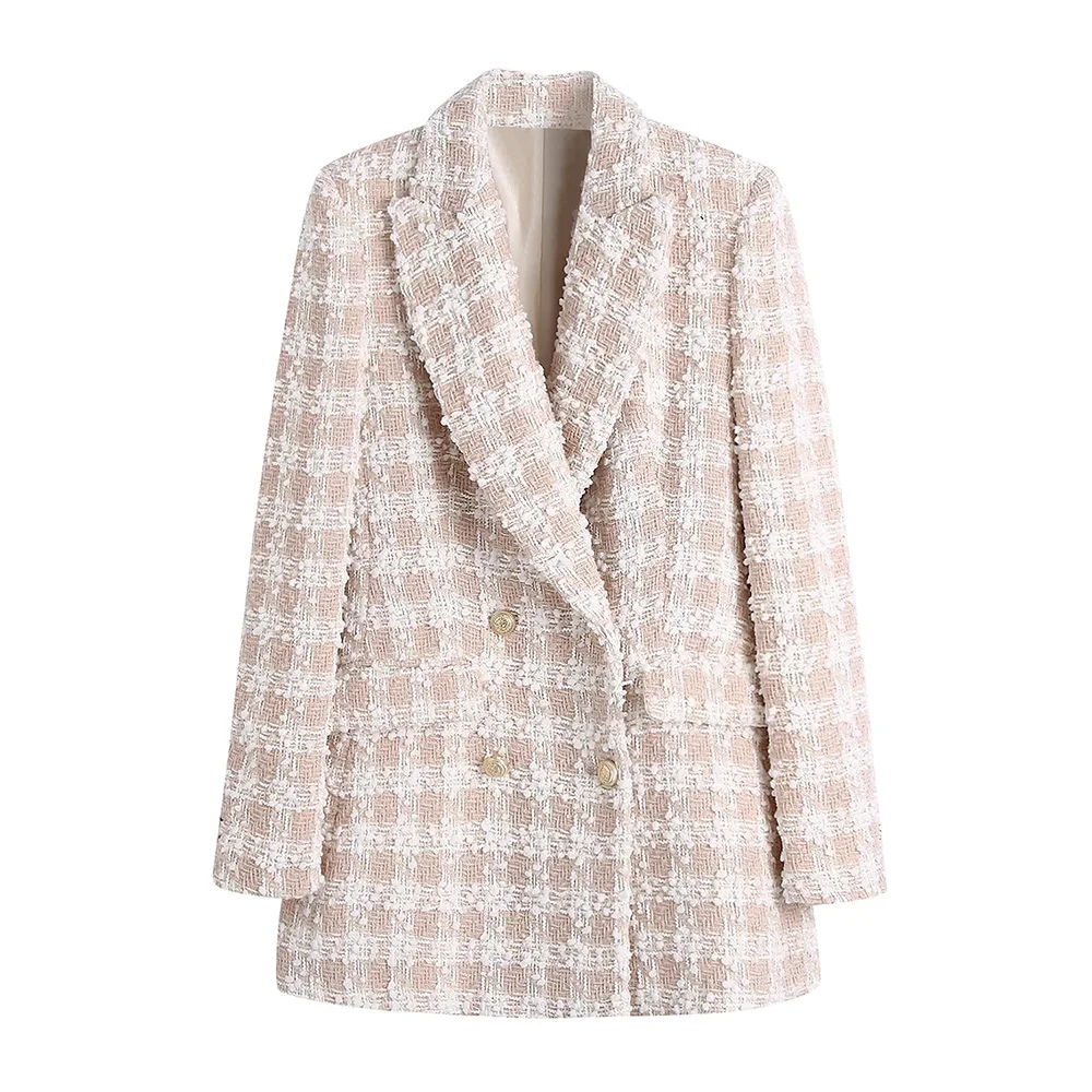 

Breasted Blazer Coat Vintage Long Sleeve Flap Pockets Female Outerwear Chic Veste Femme Women Fashion Tweed Double