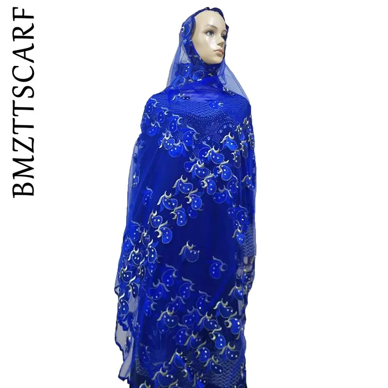 African Women Scarf Good Quality Plain Embroidery with Stones Soft Net Scarf for Headscarf Wraps Pashmina BM805