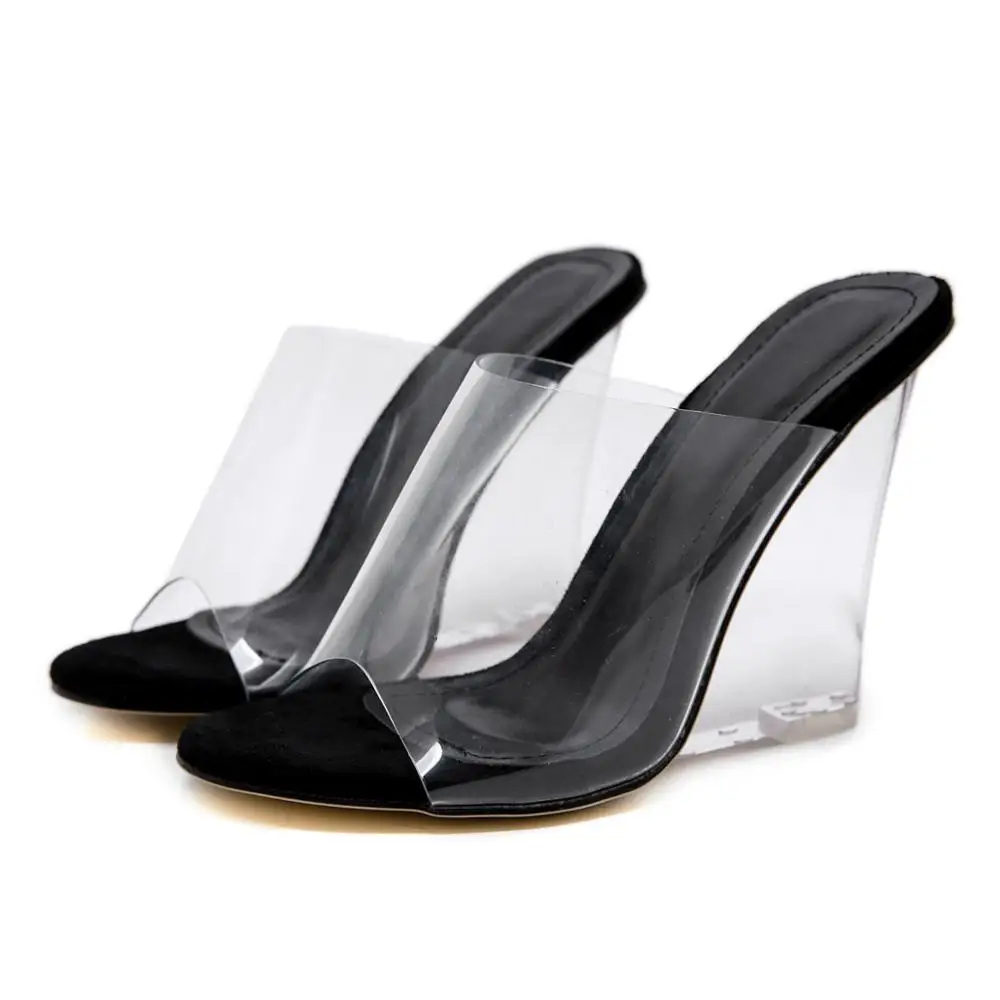 

Sexy Wedge Women's Slippers 2021 Transparent PVC Crystal High Heels Summer Women Sandals Peep Toe Woman Shoes Beige Black Slides