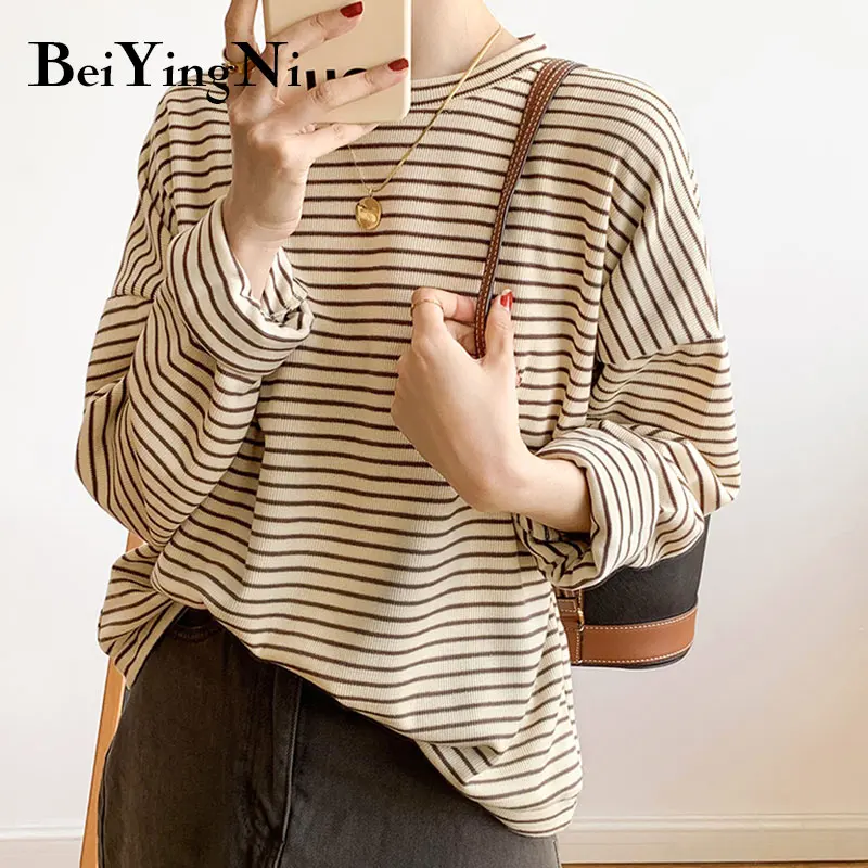 

Beiyingni Oversized T-shirt Women Stripe Vintage Spring Autumn O-neck Top Female Black Khaki Fashion Casual T Shirts Loose Cloth