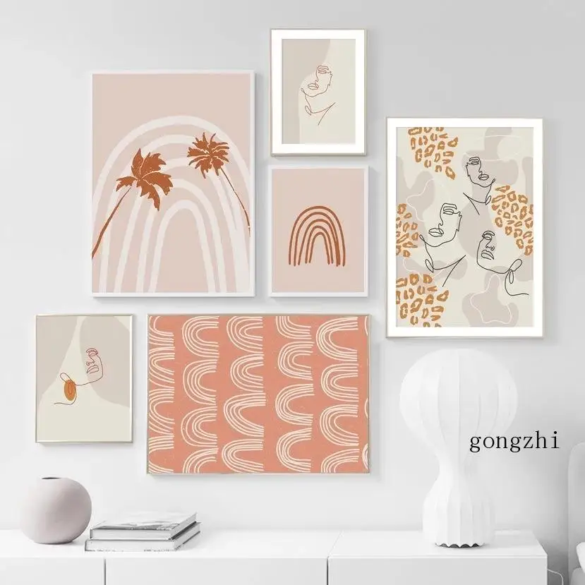 

Girl Face Abstract Line Maple Leaf Nordic Posters Pink Canvas Painting and Prints Modern Wall Art Pictures for Living Room Decor