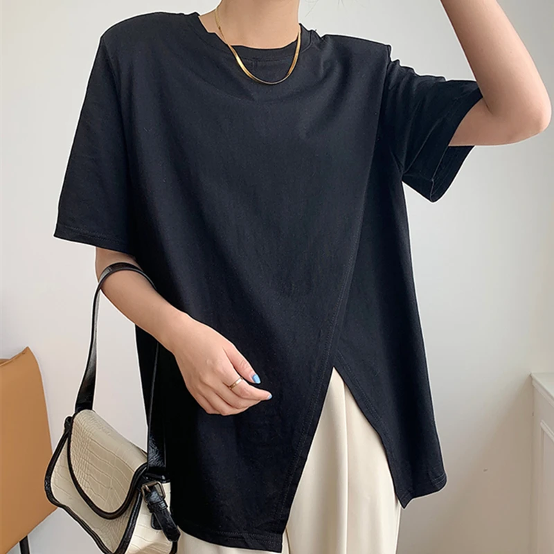 

T-Shirt Women New 2021 Summer Split Bottoming Basic Korean Wild Minimalist Style Wild Oversize Lady Solid Tops