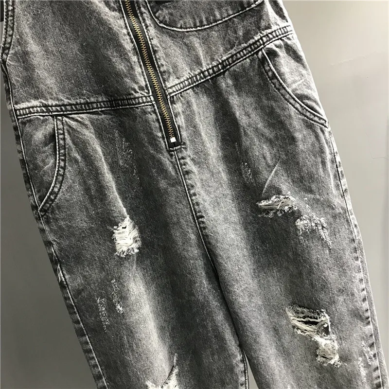 

Spring and Autumn Women's Black Gray Pocket Zipper Hole Jean Pants Students Loose Nine Points Harem Pants Denim Romper Overalls