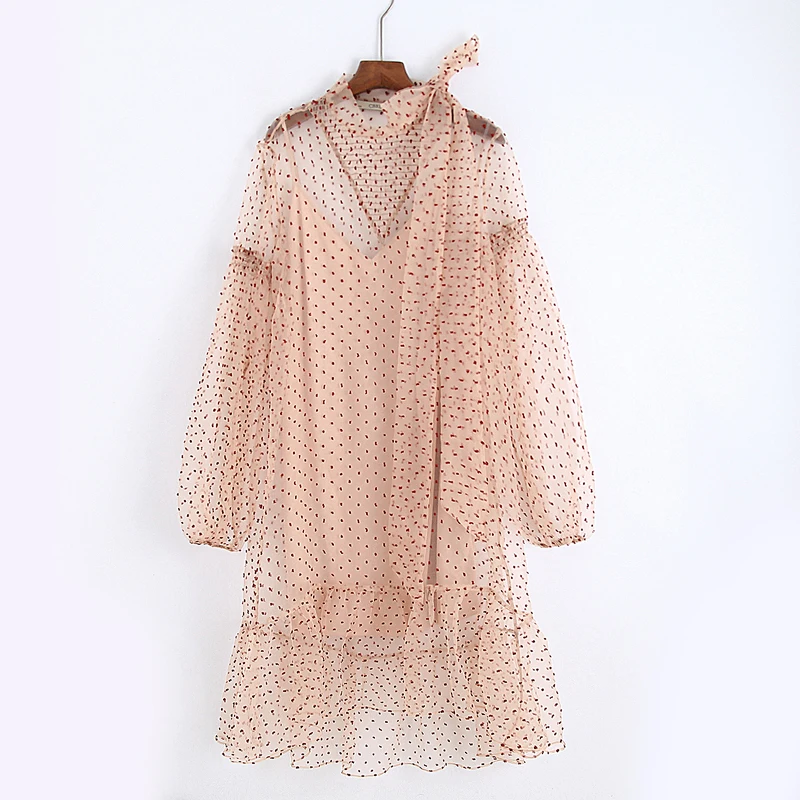 Милое платье в горошек с бантом женское модное круглым вырезом и сексуальные