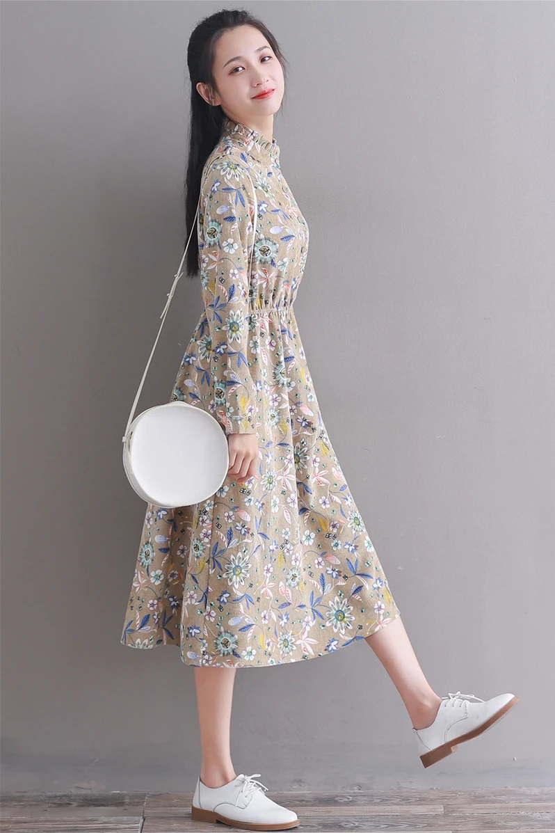 

2019 New Autumn Women Corduroy Print Long Sleeve Dresses Mori Girl Literary Elastic Waist Long Dresses