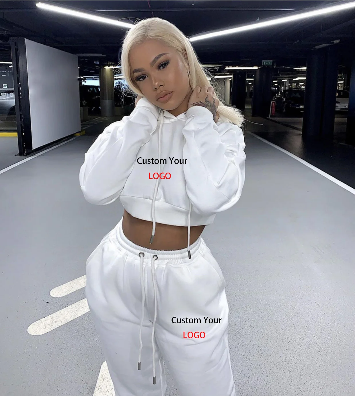 

Custom Your Logo Tracksuit Women Two Piece Set Solid Hoodies Sweatshirt Pantsuits Crop Top And Pants Sport Jogger Female Outfits
