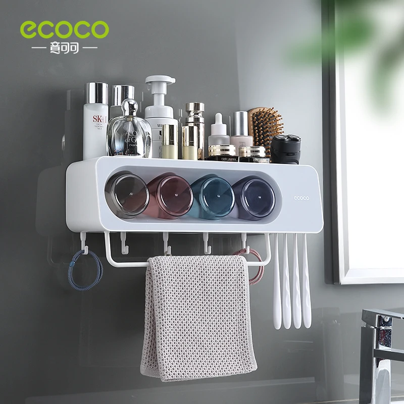 ecoco newest wall mount toothbrush cup holder multi functional bathroom accessories organizer rack with towel bar hooks free global shipping