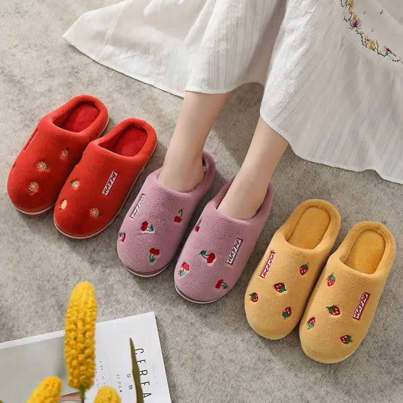 

2021 Fruit Cotton Women Slippers Winter Warm Home Indoor Silent Couple Ladies Plush Slides Men Soft Non-Slip Bedroom Shoes