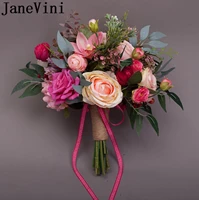 janevini 2019 pink flowers artificial bridal bouquets vintage rose red leaf wedding brooch bride hand holder bouquet de mariage