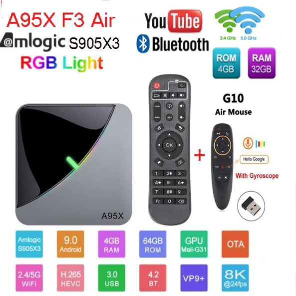 4G 32G G10 Android 9,0 RGB светильник Smart tv Box Amlogic S905X3 USB3.0 1080P H.265 4K 60fps Wifi Google Play Netflix Youtube A95X F3 Air 8K - Цвет: 4G 32G G10
