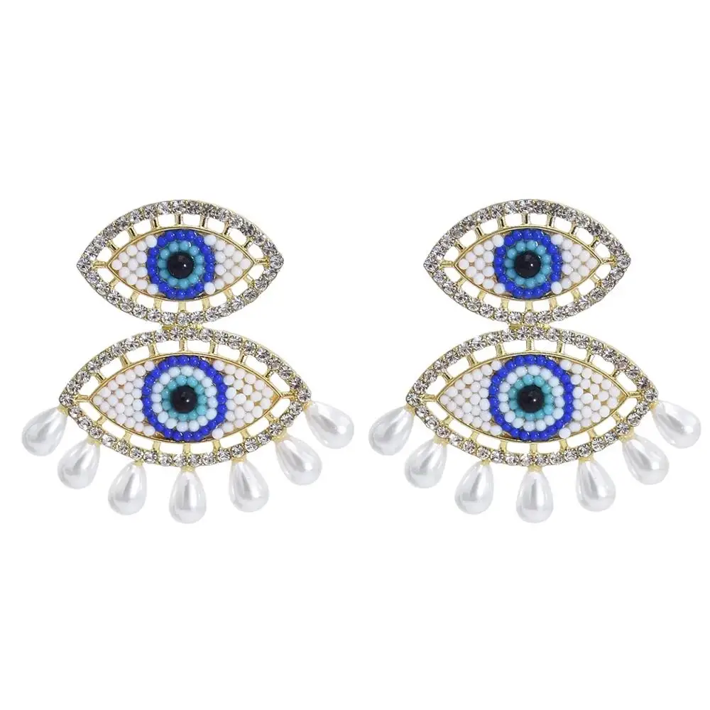 Korea Fashion Cute Crystal Pendant Eye Earrings For Women Bohemia Colorful Beads Riva Pearl tassel Drop Earrings Jewelry