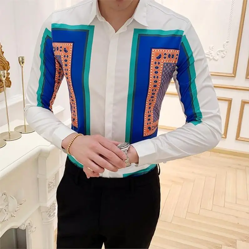 Мужская приталенная рубашка Camisa Xadrez модная брендовая с длинным рукавом и принтом
