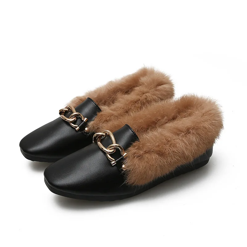 

Shoes Women Rabbit Fur Flats Loafers Metal Chain Square Toe Shoes Slip on Furry Slides Plus Size Zapatos Mujer Black Apricot