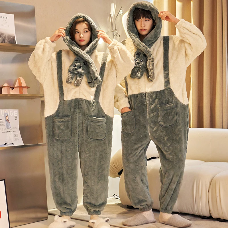 Newest Winter Couple Long Sleeve Thickened Warm Coral Fleece Nightgown Cute Cartoon Flannel Home Wear pyjama Add Fleece