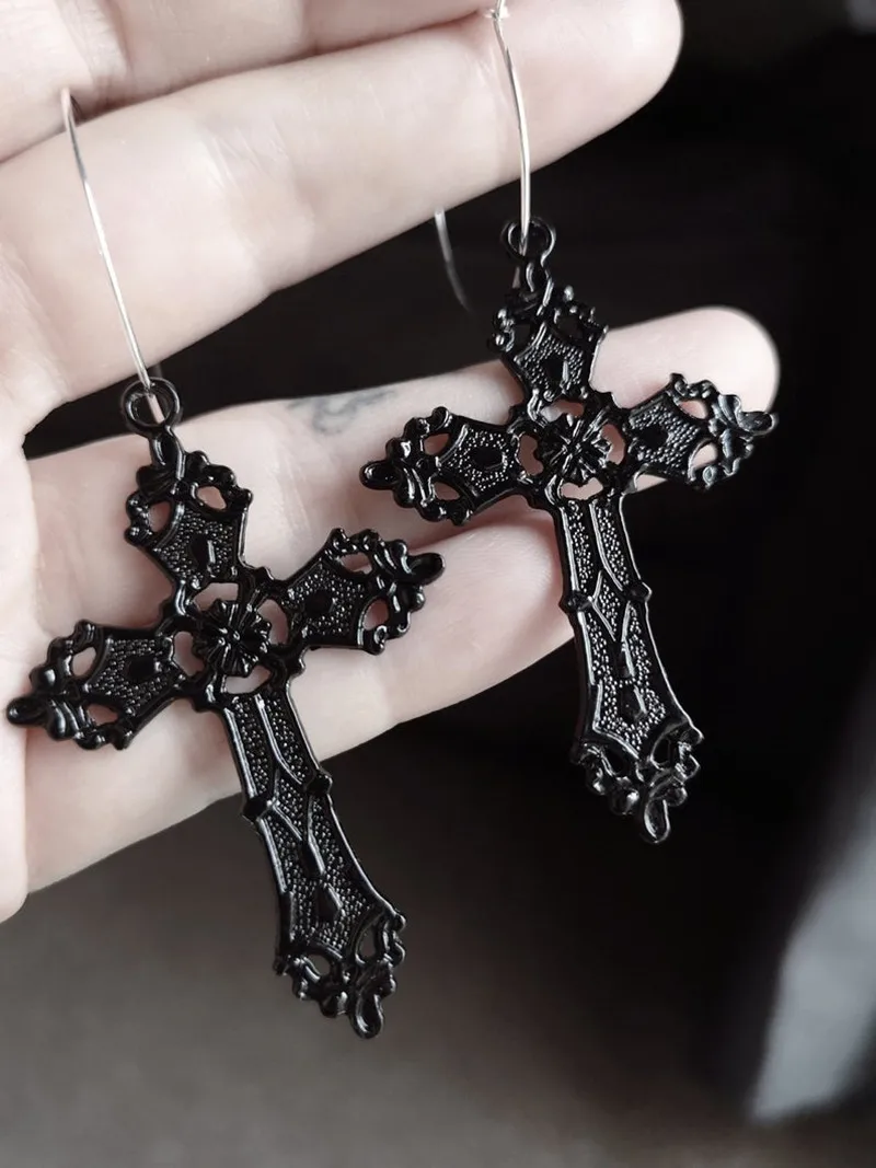 

Goth Large Detailed Cross Black Hoop Earrings Gothic Punk Jewellery Fashion Gorgeous Statement Women Rock Jewelry Gift