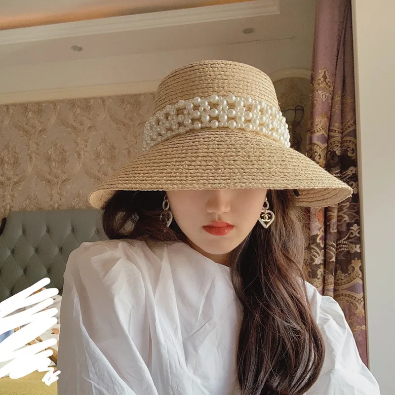 2020 New Fashion Raffia Sun Hat Straw Pearl Wide Brim Summer Beach Visor Women Hats H79 | Аксессуары для одежды