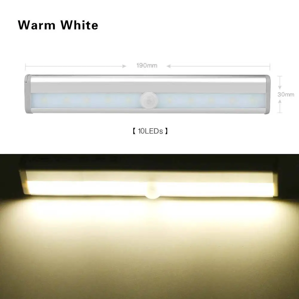 Warm White 190mm 190 мм беспроводной PIR датчик движения светодиодный светильник для шкафа 10 светодиодный s батарея для шкафа шкаф кухонный светильник ing lampada - Цвет: Warm White 190mm