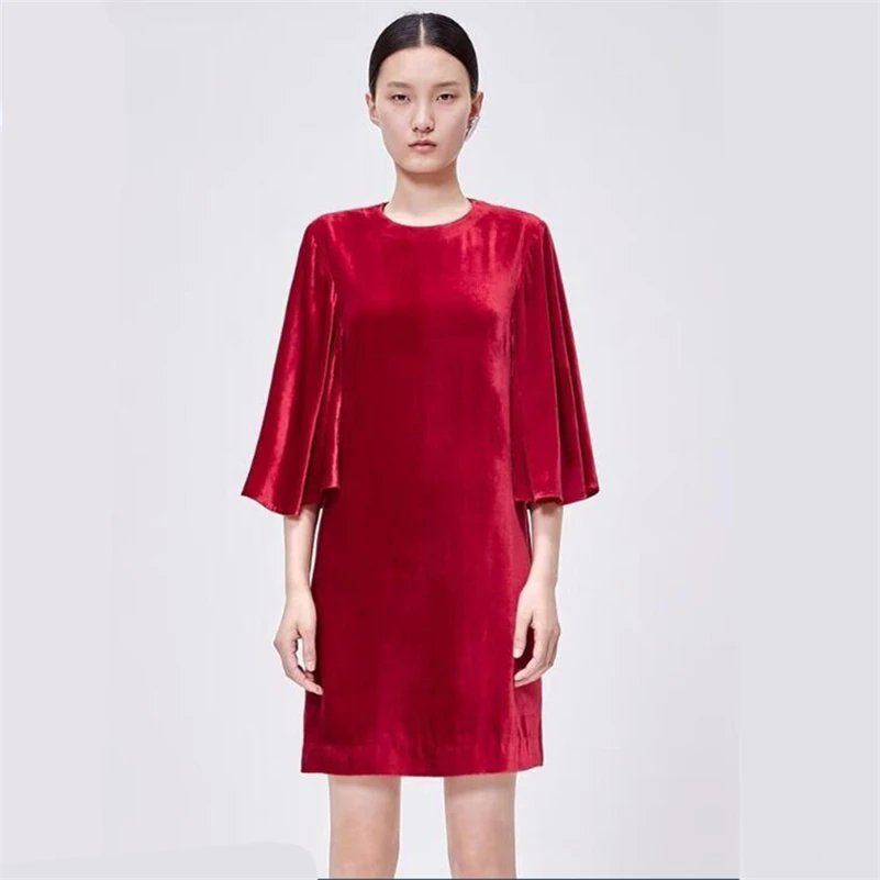 

New Woman Autumn Casual Style Dress Midi Velvet Flare Sleeve Solid Lady Dress Fashion Vestidos Dress Robe