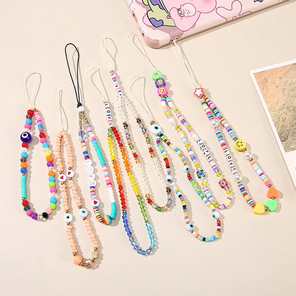 

Popular And Ethnic Style Colored Round Beads Soft Pottery Devil's Eyes LOVE Letters Mobile Phone Chain Women's Jewelry Accessory