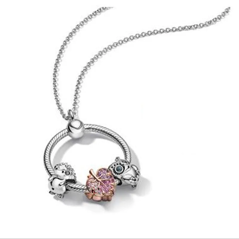 

100% 925 Sterling Silver Pan Rose Gold Leaf Beads With O-shaped Pendant Necklace Is The Most Popular Gift For Women