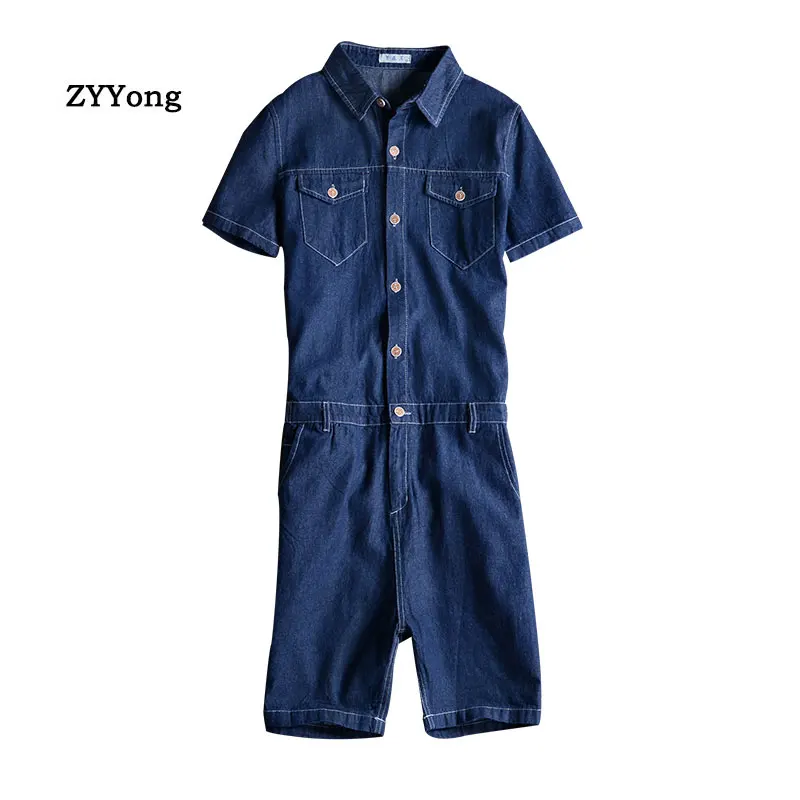 2021 Summer Overalls Men's Denim Jumpsuits Lapel Short Sleeve Slim Casual Black Blue Youth Jeans Hip-Hop Shorts Pants