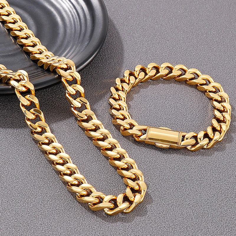 

12mm heavy Punk Rock Men Women Miami Gold Plate Curb Cuban Link Chain Necklaces Stainless Steel HipHop Biker Choker Jewelry