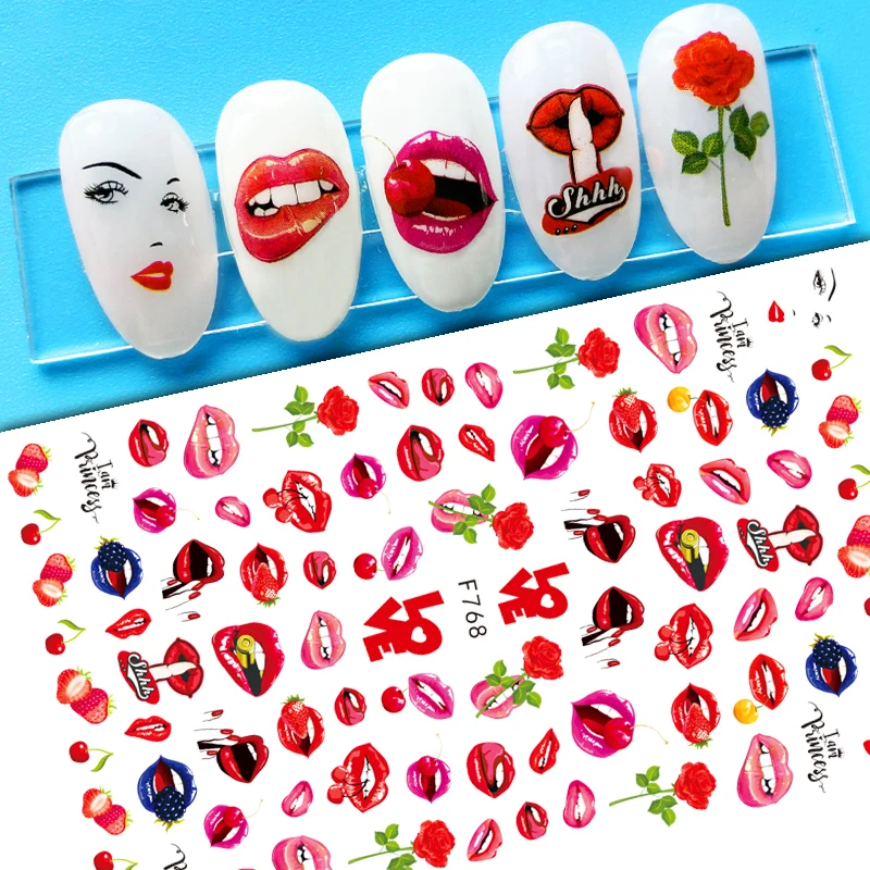 

3D наклейки для ногтей с изображением красных губ, фруктов, цветов, листьев