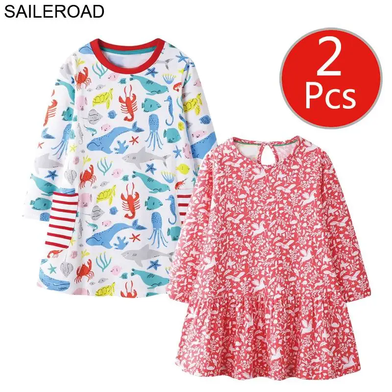 7135 7134 photo SAILEROAD 2 шт. Слон Аппликации Девушки С Длинным Рукавом Платье для 7 лет Одежда Для Девочек Животные Платья для Детей 6 Лет Вышивка - Цвет: 7135 7134 photo